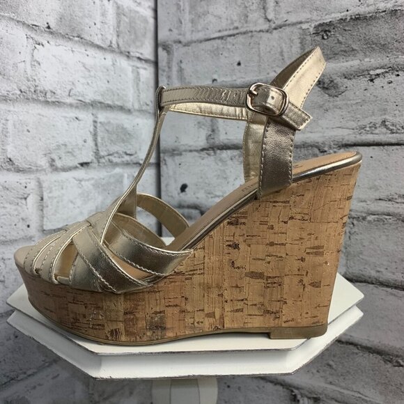 Brash Y2K Strappy Metallic Gold Cork Platform Wedge Open Toe Sandals - Picture 1 of 11